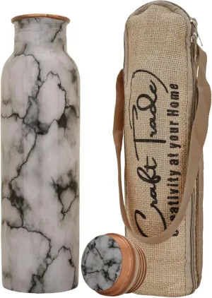 Craft Trade Printed Pure Copper Bottle with Lid and Carry Bag for Drinking Water BPA Free Leak Proof Boosts Immunity, Supports Digestive & Ayurveda Inspired 34oz - 1 Litre White