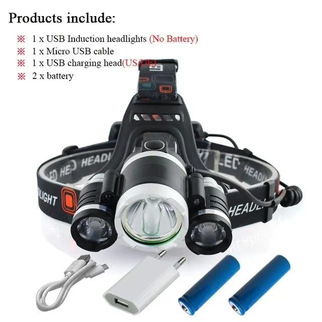 CREE 3*T6 Super Bright LED Headlamp Motion Sensor Waterproof Charging USB Lantern Headlamp 18650 Battery Fishing Camping torch