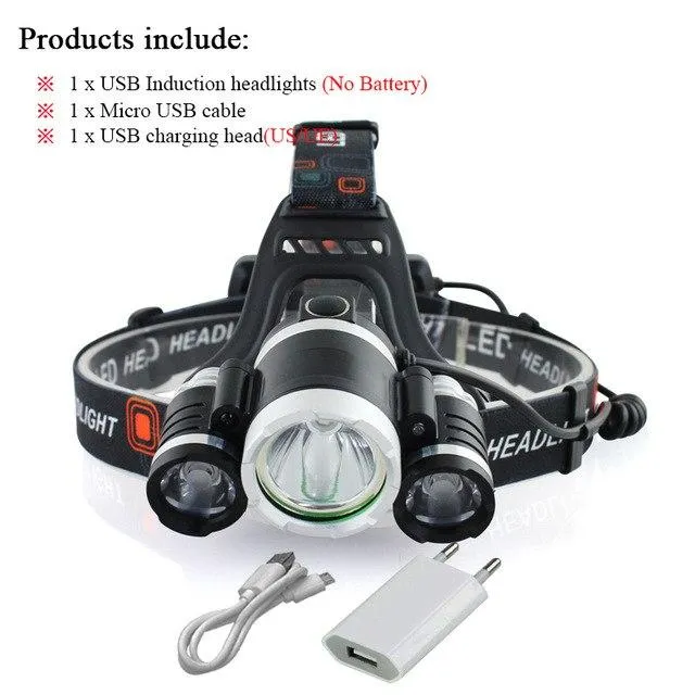 CREE 3*T6 Super Bright LED Headlamp Motion Sensor Waterproof Charging USB Lantern Headlamp 18650 Battery Fishing Camping torch