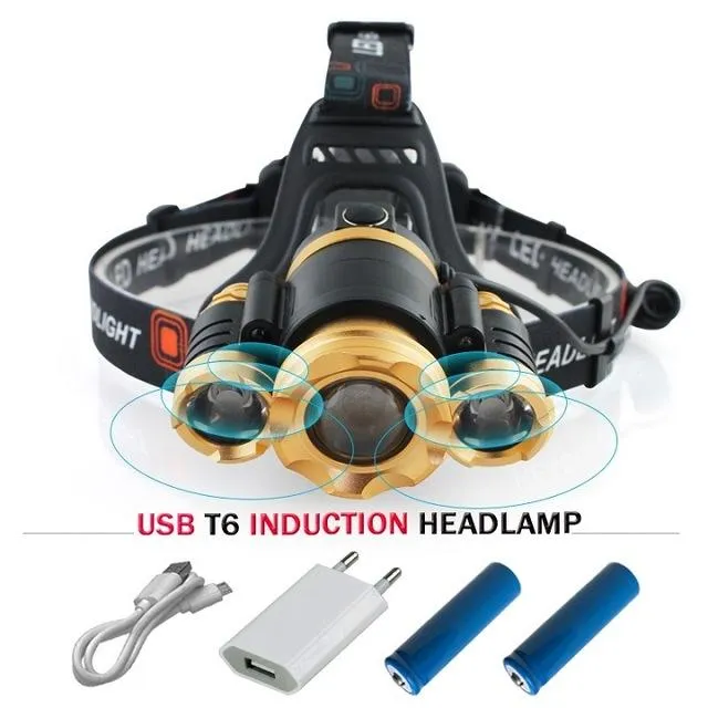 CREE 3*T6 Super Bright LED Headlamp Motion Sensor Waterproof Charging USB Lantern Headlamp 18650 Battery Fishing Camping torch