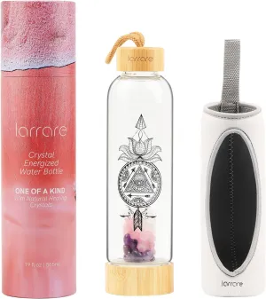 Crystal Water Bottle with Gem Pod 3 Changeable Healing Crystals Inside Amethyst, Rose Quartz, Clear Quartz | Sleeve with Opening, Sacred Boho Deisign, 19oz
