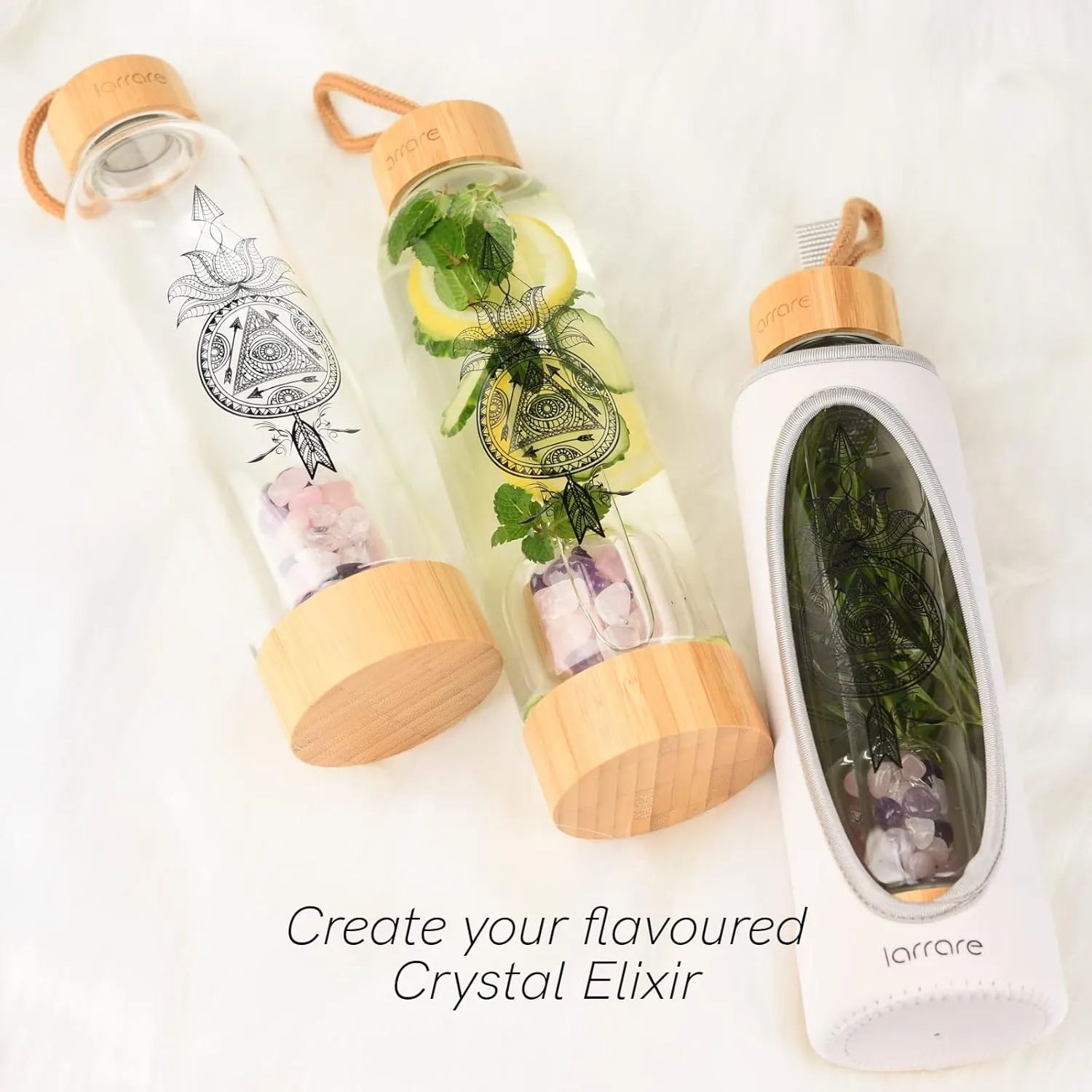 Crystal Water Bottle with Gem Pod 3 Changeable Healing Crystals Inside Amethyst, Rose Quartz, Clear Quartz | Sleeve with Opening, Sacred Boho Deisign, 19oz