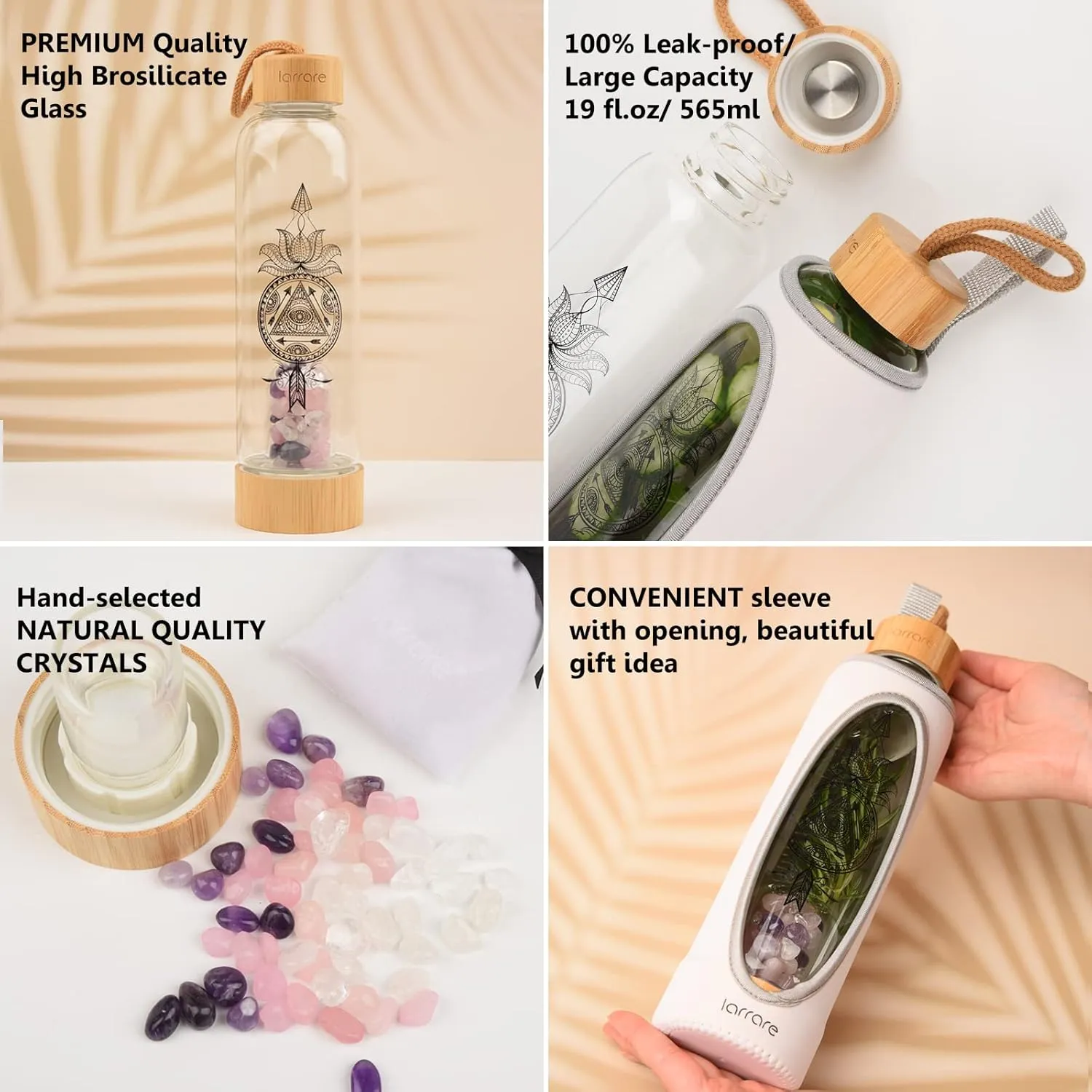 Crystal Water Bottle with Gem Pod 3 Changeable Healing Crystals Inside Amethyst, Rose Quartz, Clear Quartz | Sleeve with Opening, Sacred Boho Deisign, 19oz