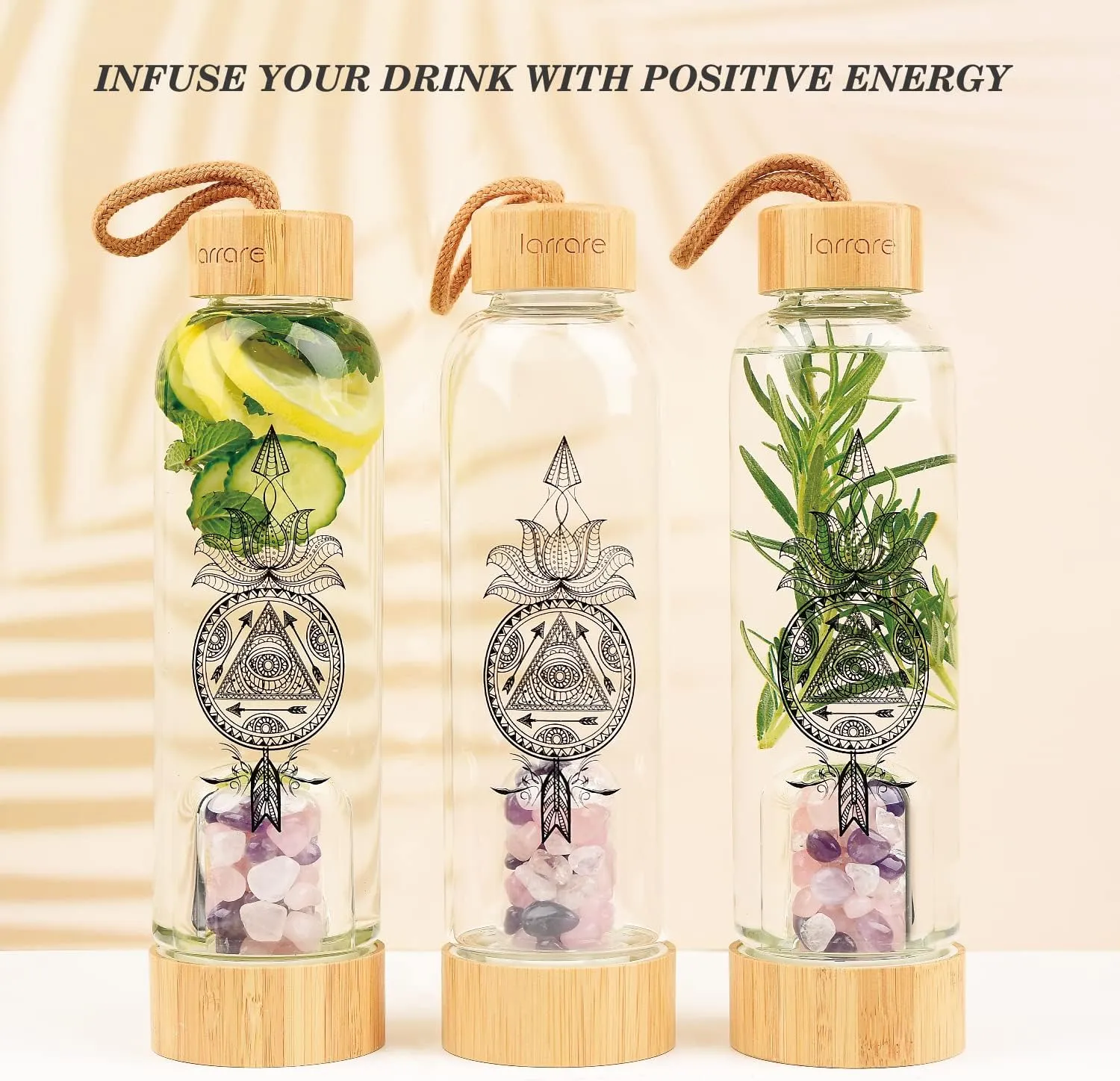 Crystal Water Bottle with Gem Pod 3 Changeable Healing Crystals Inside Amethyst, Rose Quartz, Clear Quartz | Sleeve with Opening, Sacred Boho Deisign, 19oz