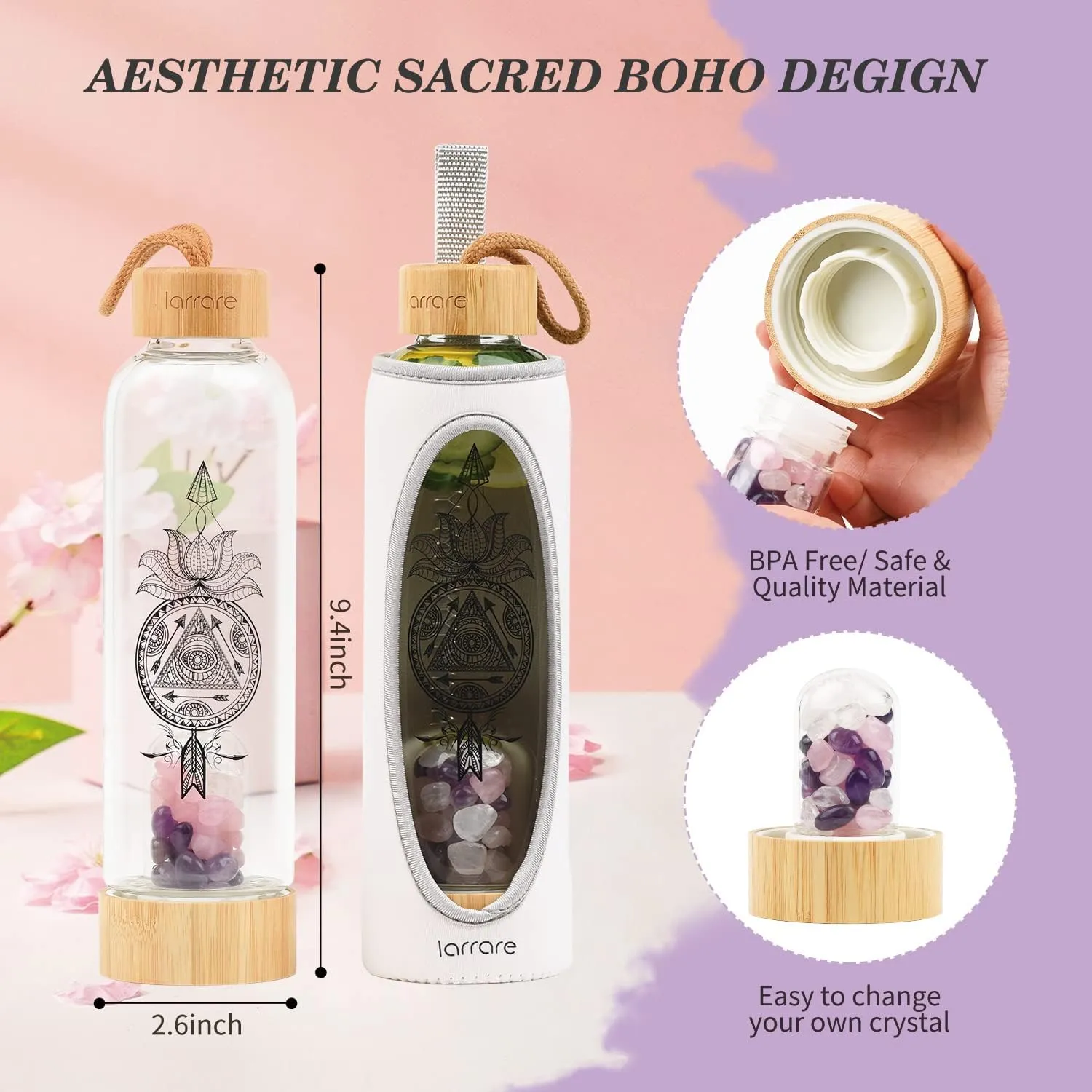 Crystal Water Bottle with Gem Pod 3 Changeable Healing Crystals Inside Amethyst, Rose Quartz, Clear Quartz | Sleeve with Opening, Sacred Boho Deisign, 19oz
