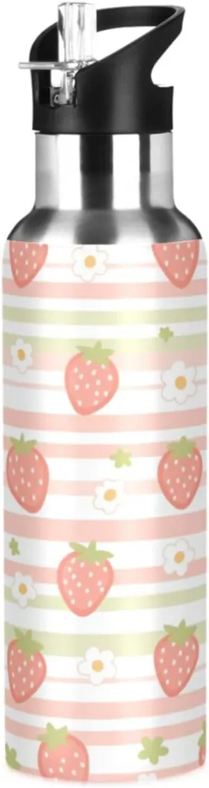 Cute Strawberry Insulated Water Bottle with Straw & Lid 22oz BPA Free Leakproof Stainless Steel Water Bottle Vacuum Double Wall Wide Mouth Sports Cup