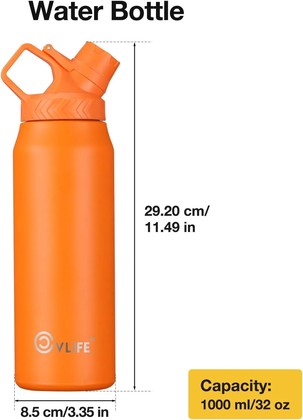 CVLIFE Fast Flow Water Bottle 32 oz Vacuum 24 Hour Cold / 12 Hour Hot Insulated Stainless Steel Slant Spout Cap, Lightweight and Leak Proof for Travel, Sports, Hiking (Orange)