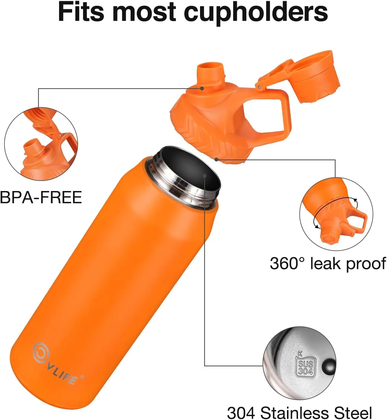 CVLIFE Fast Flow Water Bottle 32 oz Vacuum 24 Hour Cold / 12 Hour Hot Insulated Stainless Steel Slant Spout Cap, Lightweight and Leak Proof for Travel, Sports, Hiking (Orange)