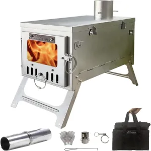 DANCHEL OUTDOOR T6 Ultralight Titanium Wood Stove for Camping Backpacking, 4.4lbs Folding Hot Tent Stove with 7.2ft Chimney Pipe, Easy Setup for Solo Survival, Cooking
