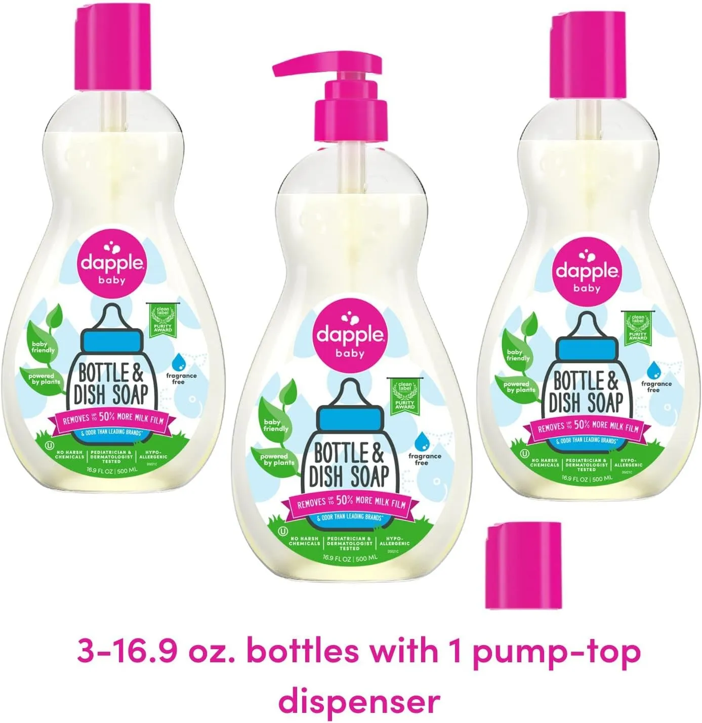 Dapple Baby Bottle Soap, Hypoallergenic Dish Soap for Baby Bottles, Powered by Plants, 1 Pump Included, Packaging May Vary, Fragrance Free, 16.9 Fl Oz (Pack of 3)