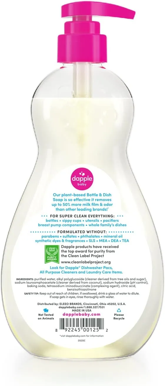 Dapple Baby Bottle Soap, Hypoallergenic Dish Soap for Baby Bottles, Powered by Plants, 1 Pump Included, Packaging May Vary, Fragrance Free, 16.9 Fl Oz (Pack of 3)