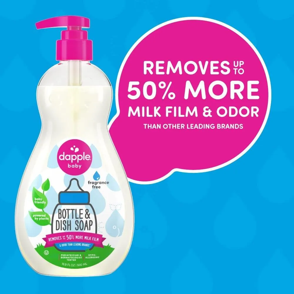 Dapple Baby Bottle Soap, Hypoallergenic Dish Soap for Baby Bottles, Powered by Plants, 1 Pump Included, Packaging May Vary, Fragrance Free, 16.9 Fl Oz (Pack of 3)