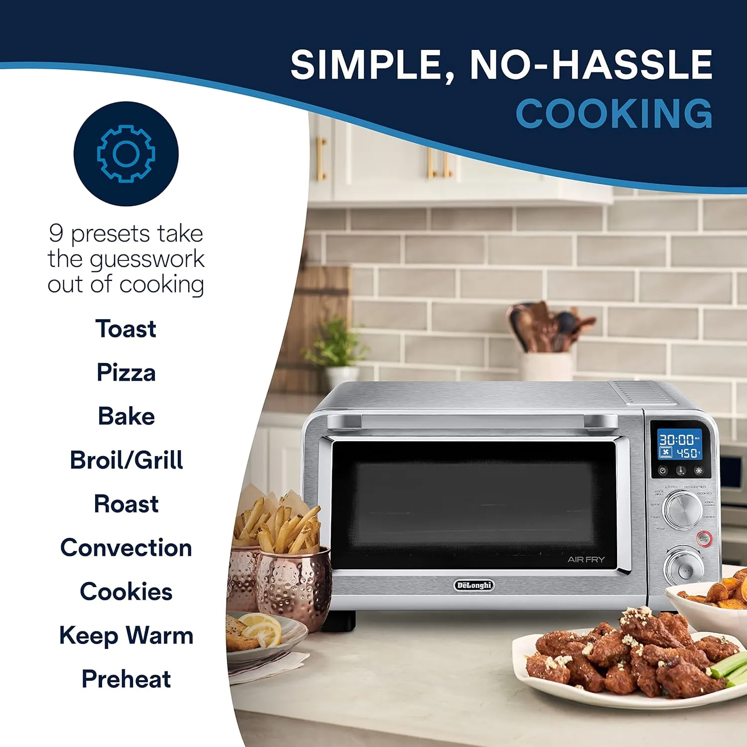 De'Longhi Air Fry Oven, Premium 9-in-1 Digital Air Fry Convection Toaster Oven, Grills, Broils, Bakes, Roasts, Keep Warm, Reheats, 1800-Watts   Cooking Accessories, Stainless Steel, 14L, EO141164M