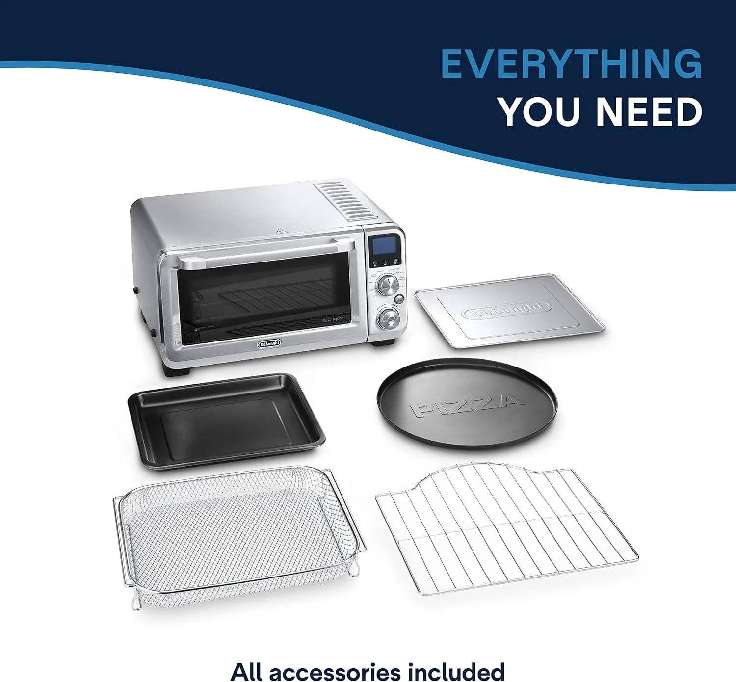De'Longhi Air Fry Oven, Premium 9-in-1 Digital Air Fry Convection Toaster Oven, Grills, Broils, Bakes, Roasts, Keep Warm, Reheats, 1800-Watts   Cooking Accessories, Stainless Steel, 14L, EO141164M