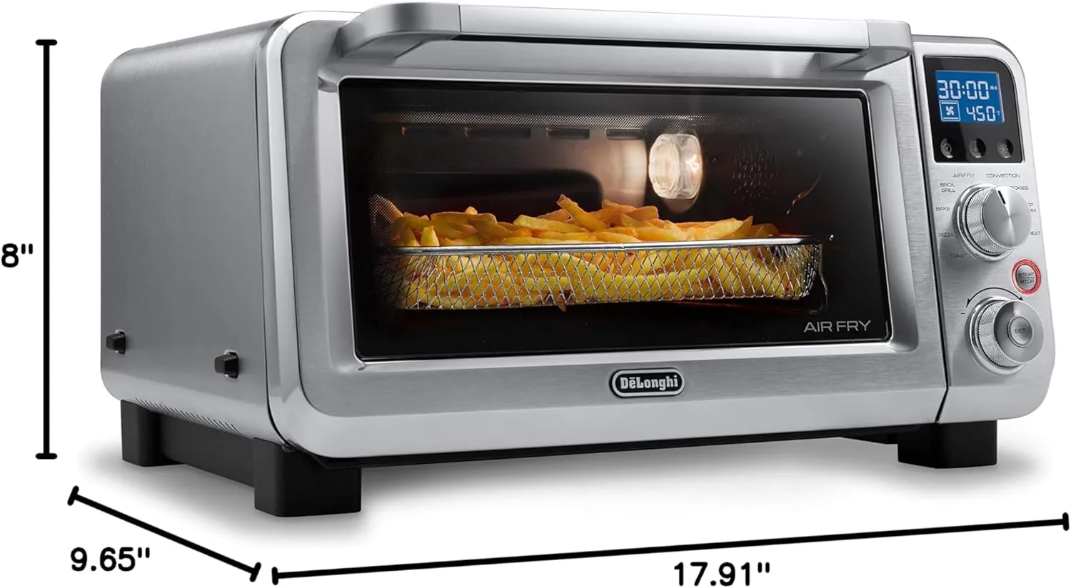 De'Longhi Air Fry Oven, Premium 9-in-1 Digital Air Fry Convection Toaster Oven, Grills, Broils, Bakes, Roasts, Keep Warm, Reheats, 1800-Watts   Cooking Accessories, Stainless Steel, 14L, EO141164M
