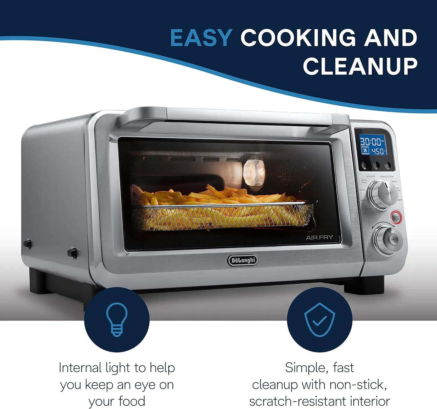 De'Longhi Air Fry Oven, Premium 9-in-1 Digital Air Fry Convection Toaster Oven, Grills, Broils, Bakes, Roasts, Keep Warm, Reheats, 1800-Watts   Cooking Accessories, Stainless Steel, 14L, EO141164M
