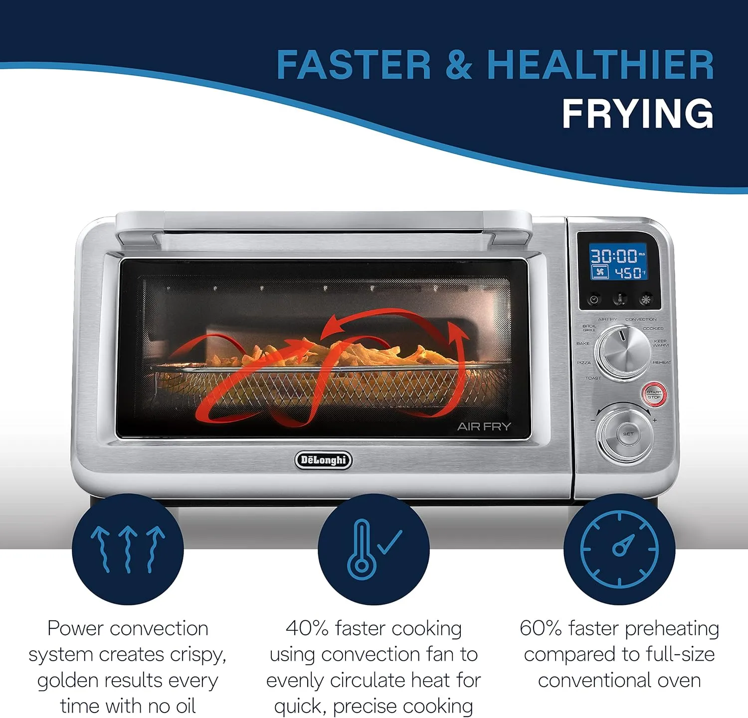 De'Longhi Air Fry Oven, Premium 9-in-1 Digital Air Fry Convection Toaster Oven, Grills, Broils, Bakes, Roasts, Keep Warm, Reheats, 1800-Watts   Cooking Accessories, Stainless Steel, 14L, EO141164M