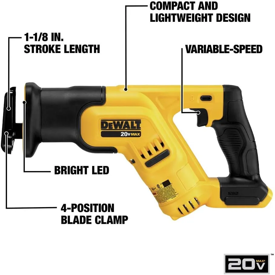 DEWALT 20V MAX Cordless Reciprocating Saw, Compact, Variable Speed, LED Light, Bare Tool Only (DCS387B)