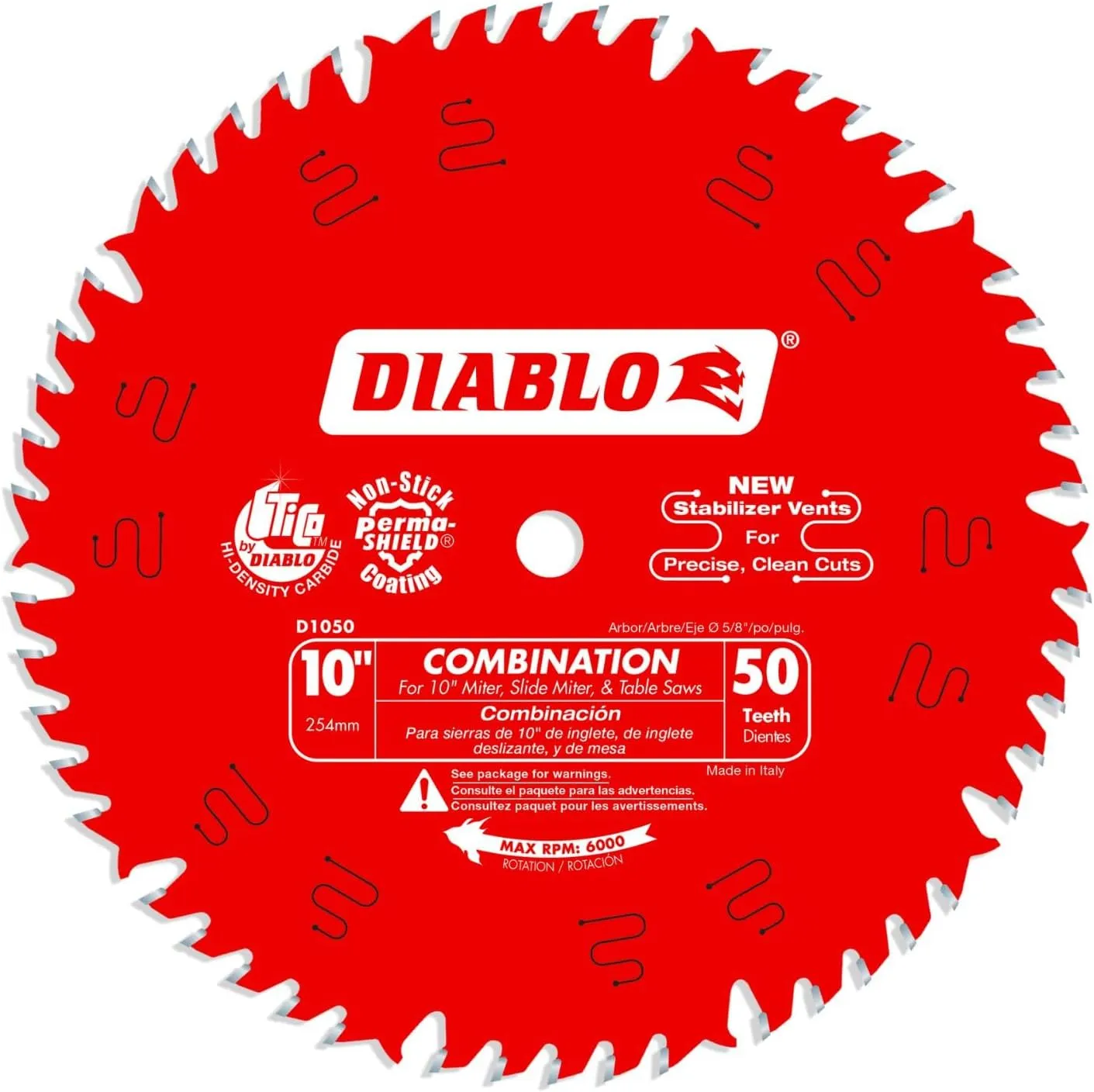 Diablo Combination Saw Blade for Wood - 10" Diameter, 50 ATB Teeth, 5/8" Arbor, .098" Kerf, 15° Hook Angle, .071" Plate, 6000 Max RPM - D1050X