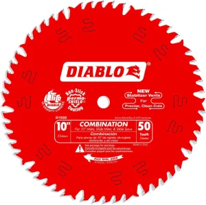 Diablo Combination Saw Blade for Wood - 10" Diameter, 50 ATB Teeth, 5/8" Arbor, .098" Kerf, 15° Hook Angle, .071" Plate, 6000 Max RPM - D1050X