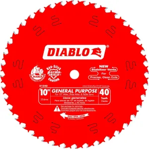 Diablo General Purpose Saw Blade for Wood - 10" Diameter, 40 ATB Teeth, 5/8" Arbor, .098" Kerf, 15° Hook Angle, .071" Plate, 7000 Max RPM - D1040X