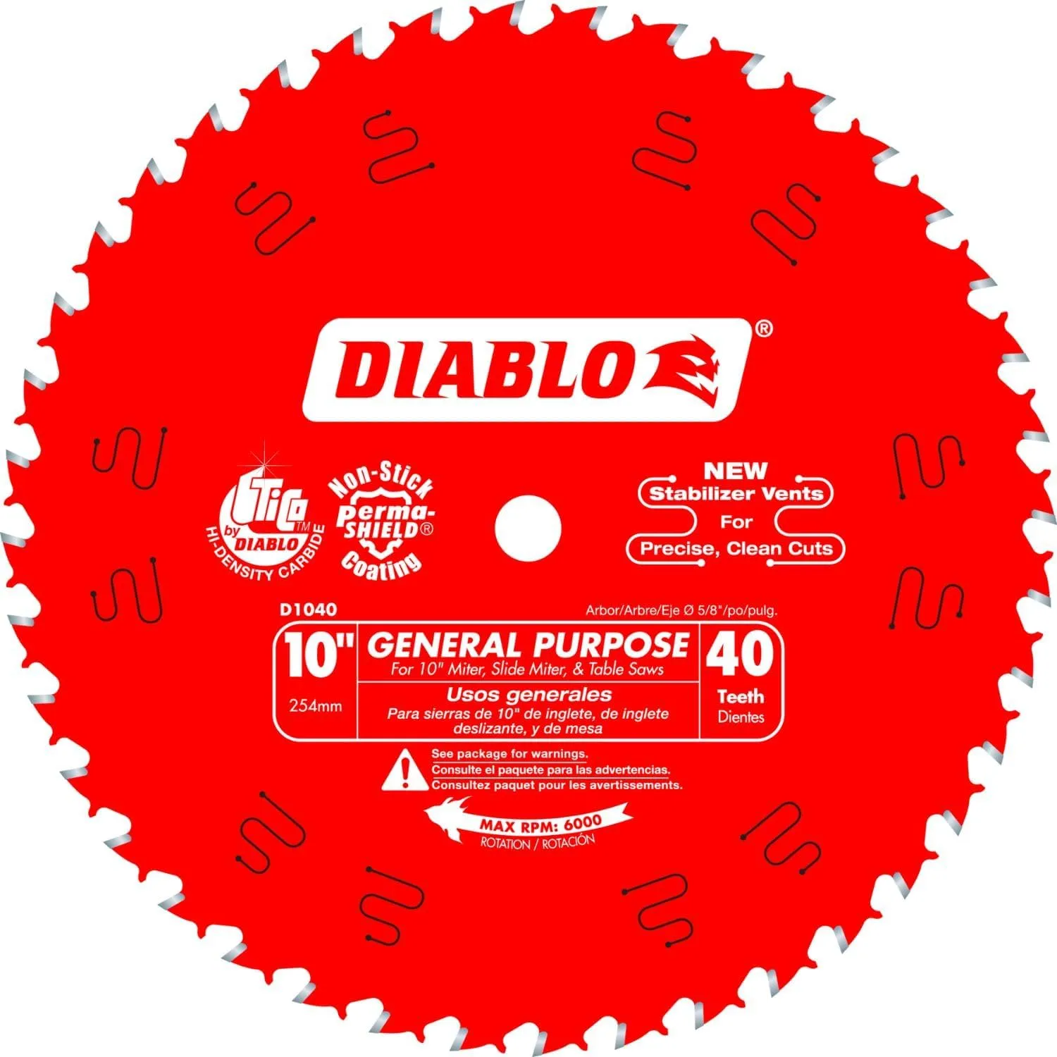 Diablo General Purpose Saw Blade for Wood - 10" Diameter, 40 ATB Teeth, 5/8" Arbor, .098" Kerf, 15° Hook Angle, .071" Plate, 7000 Max RPM - D1040X