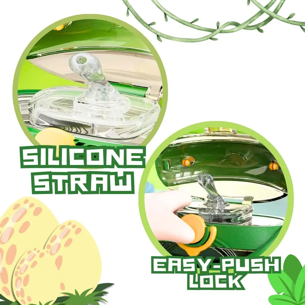 Dinosaur Round Kids Water Bottle with Removable Sleeve - Easy Open Button, Carrying Lanyard - Tritan Plastic Water Bottle Ideal for School Boys Girls, BPA Free Kids Cup (With Straw)