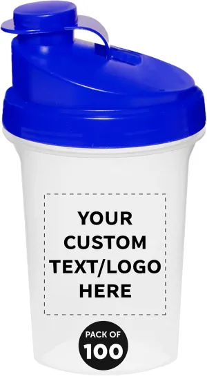DISCOUNT PROMOS Custom Plastic Shaker Bottles 16 oz. Set of 100, Personalized Bulk Pack - Protein Mixer Cup with Flip Top Lid, BPA Free - Blue
