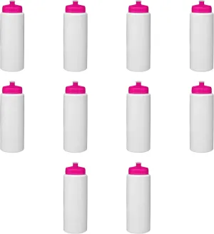 DISCOUNT PROMOS HDPE Plastic Leak-Free Bottles 32 oz. Set of 10, Bulk Pack - BPA Free, Great for Gym, Camping, Backpacking, School - Neon Pink