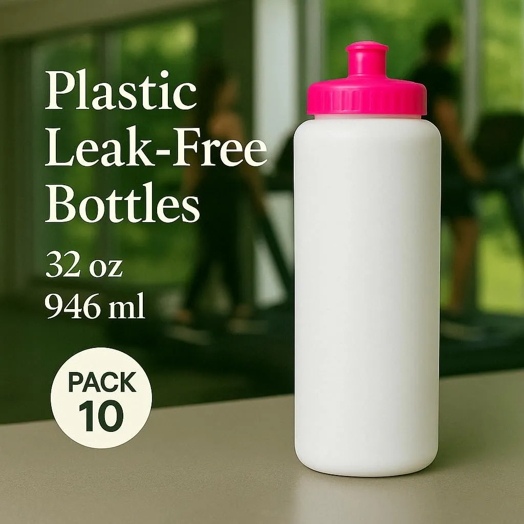 DISCOUNT PROMOS HDPE Plastic Leak-Free Bottles 32 oz. Set of 10, Bulk Pack - BPA Free, Great for Gym, Camping, Backpacking, School - Neon Pink