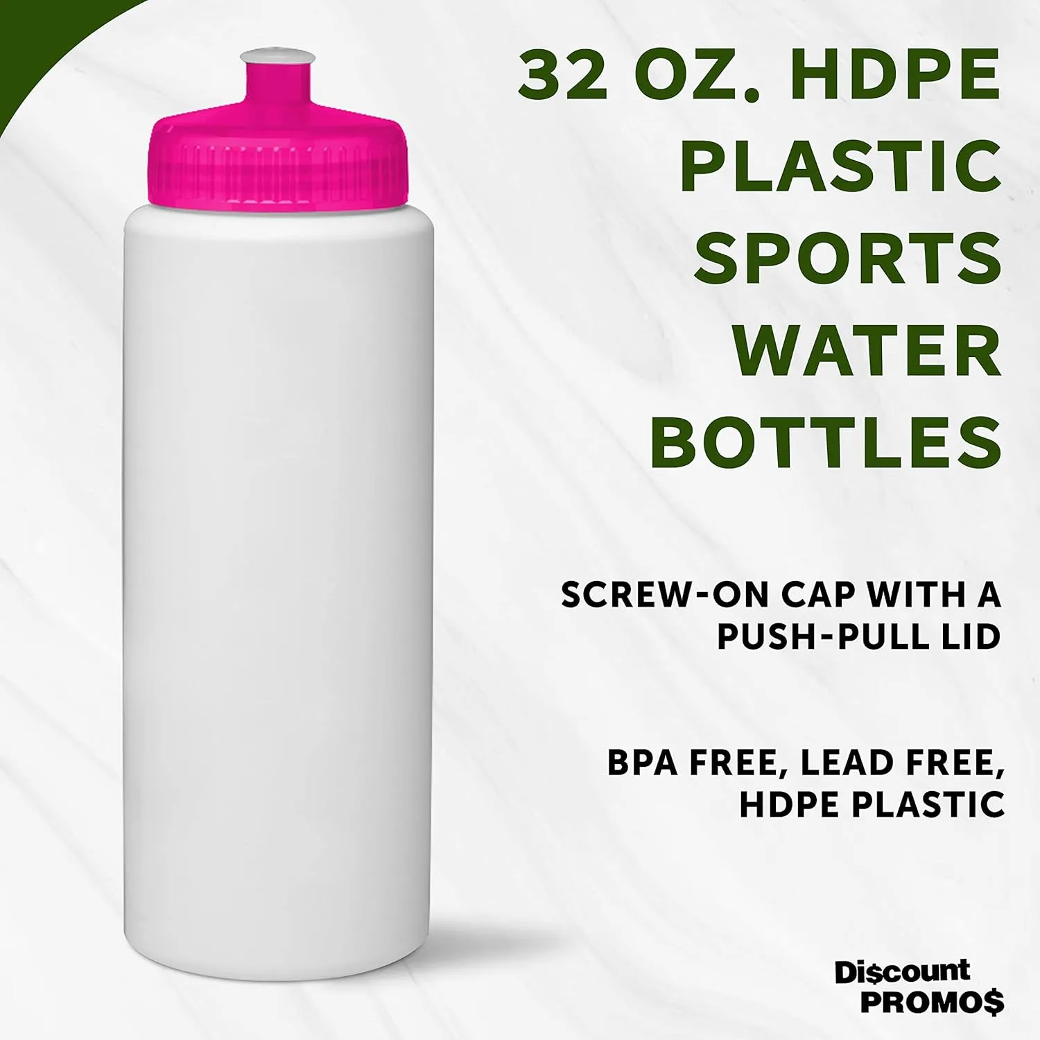 DISCOUNT PROMOS HDPE Plastic Leak-Free Bottles 32 oz. Set of 10, Bulk Pack - BPA Free, Great for Gym, Camping, Backpacking, School - Neon Pink