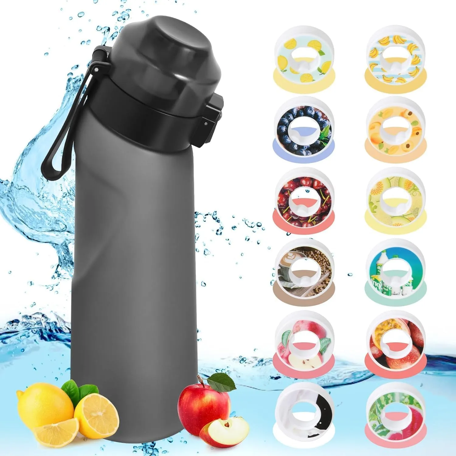 DJPP Air Scent Water Bottle with 12 Flavor Pods 650ML Drinking Water Cup 0% Sugar BPA Free With Straw Sports Water Bottle Suitable for Outdoor(Mattle Black Bottle   12 Scent Pods in Random)