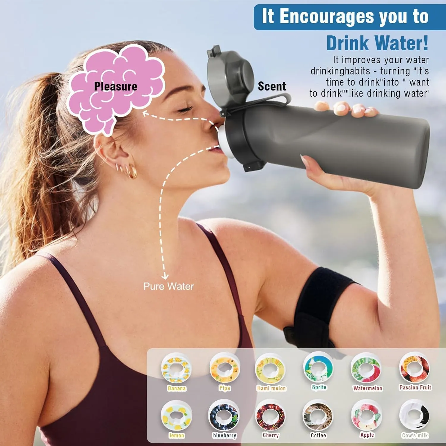 DJPP Air Scent Water Bottle with 12 Flavor Pods 650ML Drinking Water Cup 0% Sugar BPA Free With Straw Sports Water Bottle Suitable for Outdoor(Mattle Black Bottle   12 Scent Pods in Random)