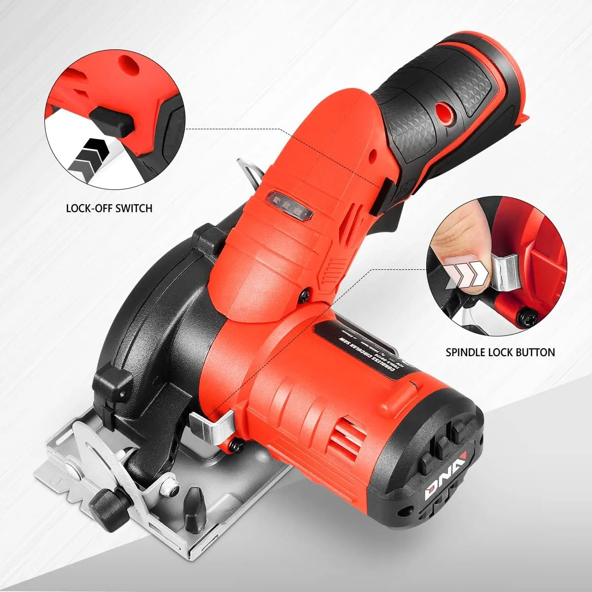 DNA MOTORING 12V Compact Cordless Circular Saw with 85mm 20T Blade and Hex Key, Adjustable Cutting Depth/Angle, Red (No Battery),TOOLS-00174