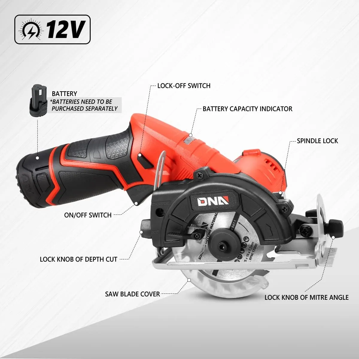 DNA MOTORING 12V Compact Cordless Circular Saw with 85mm 20T Blade and Hex Key, Adjustable Cutting Depth/Angle, Red (No Battery),TOOLS-00174