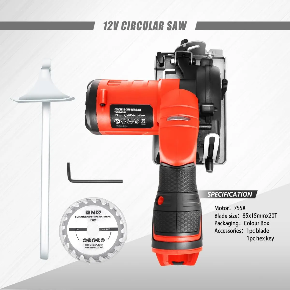 DNA MOTORING 12V Compact Cordless Circular Saw with 85mm 20T Blade and Hex Key, Adjustable Cutting Depth/Angle, Red (No Battery),TOOLS-00174