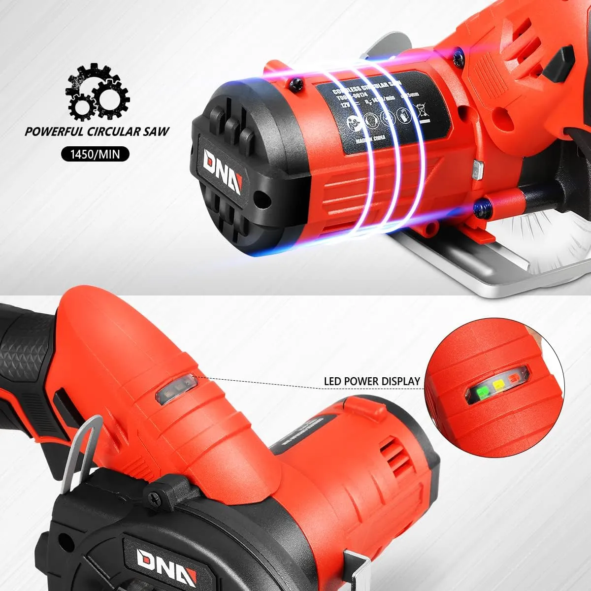 DNA MOTORING 12V Compact Cordless Circular Saw with 85mm 20T Blade and Hex Key, Adjustable Cutting Depth/Angle, Red (No Battery),TOOLS-00174