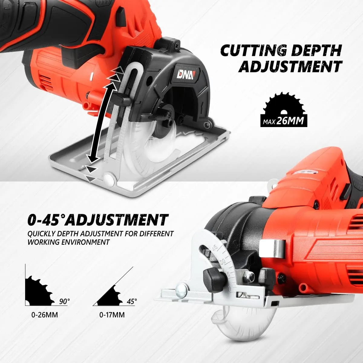 DNA MOTORING 12V Compact Cordless Circular Saw with 85mm 20T Blade and Hex Key, Adjustable Cutting Depth/Angle, Red (No Battery),TOOLS-00174