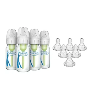 Dr. Brown’s Anti-Colic Narrow Glass Baby Bottles 4 oz 4-Pack with Level 1 Nipples   Level 2 Medium Flow Narrow Silicone Nipples 6-Pack Bundle, BPA Free, 0m  and 3m 
