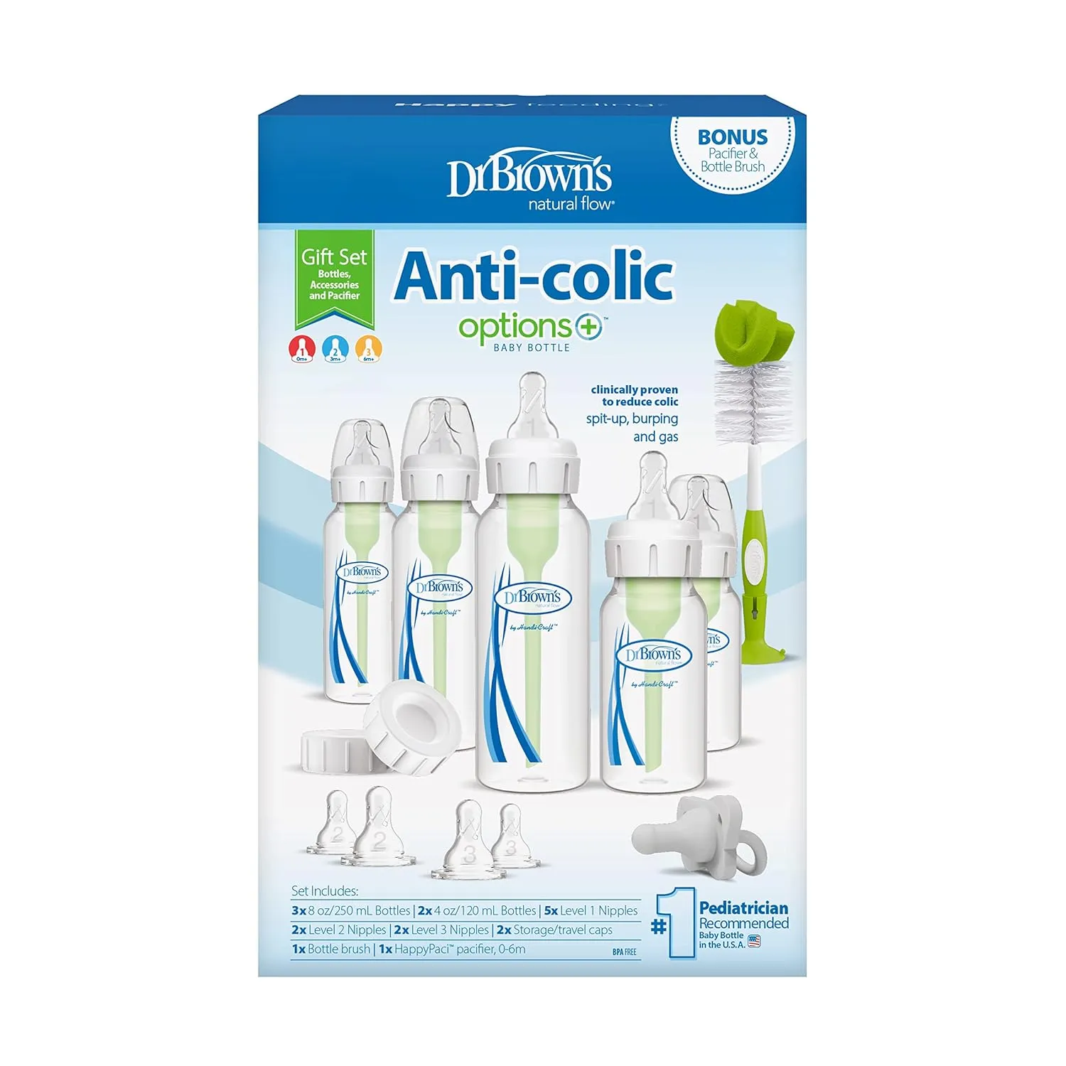 Dr. Brown's Anti-Colic Options  Newborn Essentials Gift Set with 4oz and 8oz Baby Bottles, Baby Bottle Brush and HappyPaci