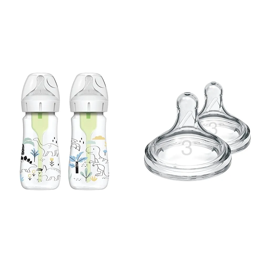 Dr. Brown's Anti-Colic Options  Wide-Neck Baby Bottles, Dino Decos, 9oz, Level 1 Nipple 2-Pack   Level 3 Nipple 2-Pack