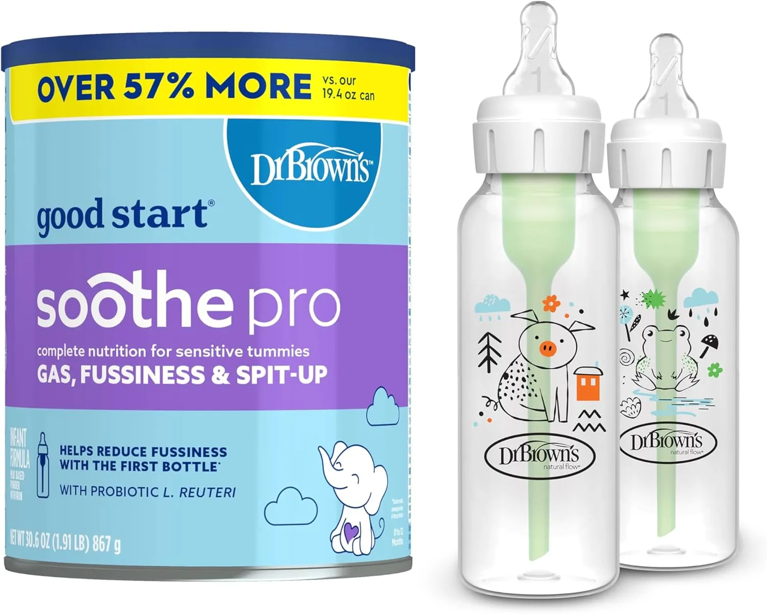 Dr. Brown's Good Start Baby Formula Powder, 30.6 Ounce & Natural Flow Anti-Colic Options  Narrow Baby Bottle, Pig & Frog, 8 oz/250 mL, with Level 1 Slow Flow Nipple, BPA Free, 0m , 2-Pack