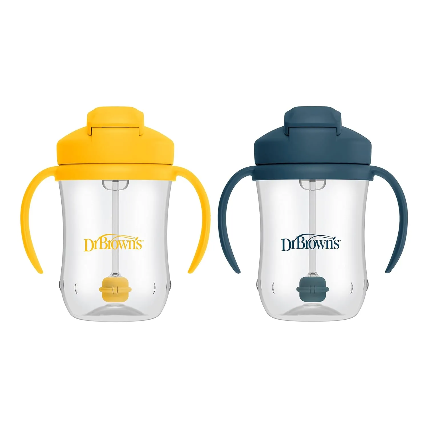Dr. Brown's Milestones Cheers 360 Cup Spoutless Transition Cup & Milestones Baby’s First Straw Cup, Training Cup with Weighted Straw, Dark Blue & Vintage Yellow, 2 Pack, 6m 