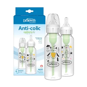 Dr. Brown's Natural Flow Anti-Colic Options  Narrow Baby Bottle, Bear & Owl, 8 oz/250 mL, with Level 1 Slow Flow Nipple, BPA Free, 0m , 2-Pack