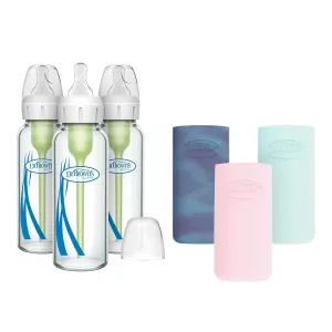 Dr. Brown's Natural Flow Anti-Colic Options  Narrow Glass Baby Bottle, 8 oz/250 mL, with Silicone Bottle Sleeve, 3 Pack, Glow/Pink/Mint