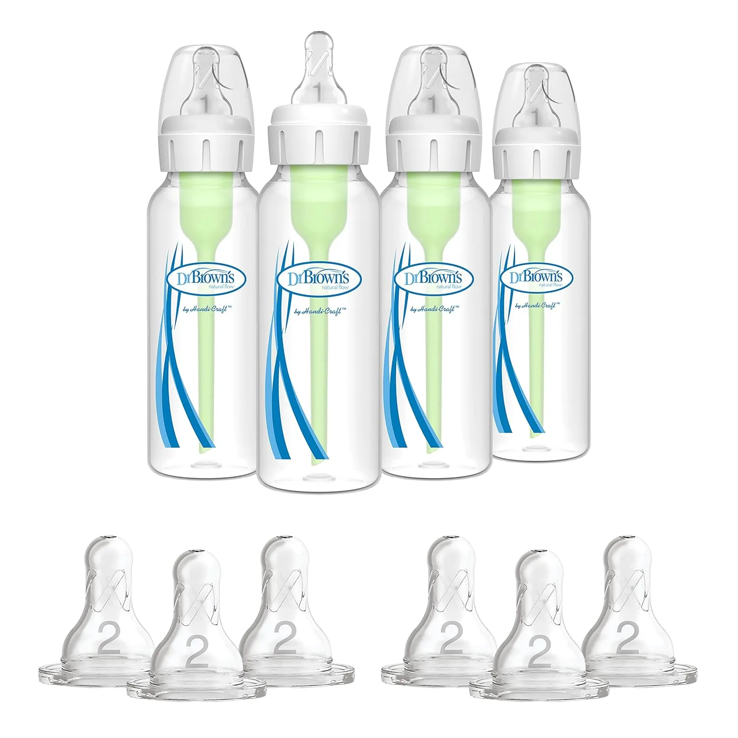 Dr. Brown's Options  Anti-Colic Baby Bottle - 8oz - 4 Pack and Dr. Brown's Original Nipple, Level 2 (3m ), 6 Count
