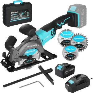 DURATECH Mini Circular Saw, 20V 4-1/2" Cordless Circular Saw with 4.0Ah Battery, Fast Charger, 3PCS Blades, 3600RPM, Max Cutting Depth 1-11/16"(90°),1-1/8"(45°), for Tiles, Wood, Soft Metal, Plastic