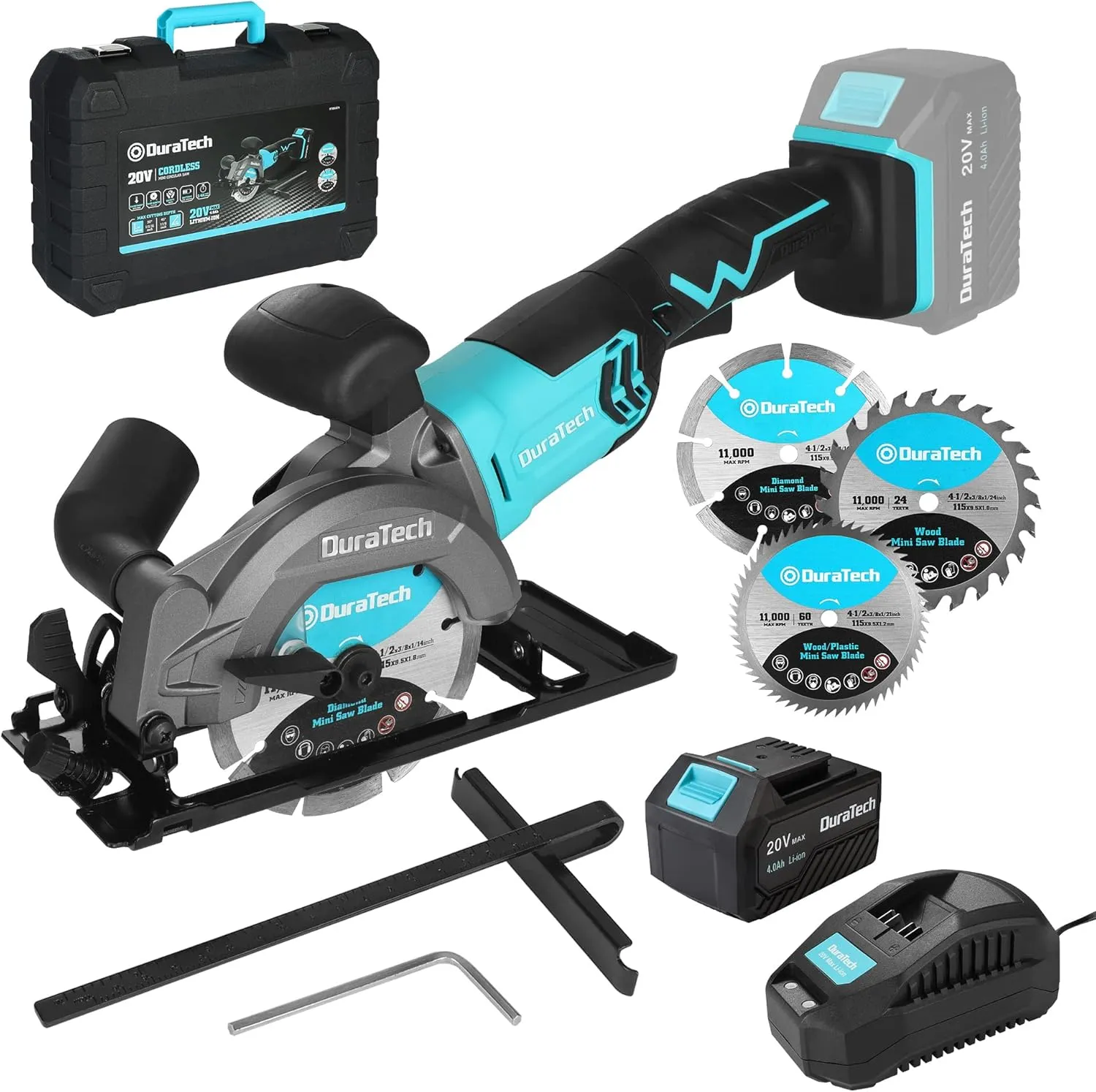 DURATECH Mini Circular Saw, 20V 4-1/2" Cordless Circular Saw with 4.0Ah Battery, Fast Charger, 3PCS Blades, 3600RPM, Max Cutting Depth 1-11/16"(90°),1-1/8"(45°), for Tiles, Wood, Soft Metal, Plastic
