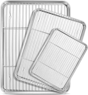 E-far Baking Sheet with Cooling Rack Set (3 Pans   3 Racks), 16/12.5/9.3 Inch Stainless Steel Cookie Sheets Baking Pans and Wire Rack for Oven, Non Toxic & Easy Clean
