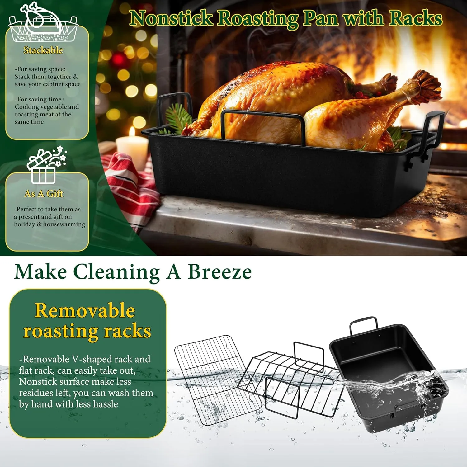 E-far Roasting Pan with Racks, Small Stainless Steel Turkey Roaster with V-Shaped & Cooling Rack for Oven, 14 Inch Nonstick Deep Broiler Pan with Handles for Baking Chicken Lasagna Meat, Heavy Duty